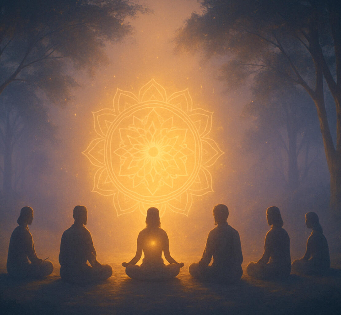 Five silhouetted figures sitting in a circle beneath a glowing mandala, symbolizing community healing and inner peace.