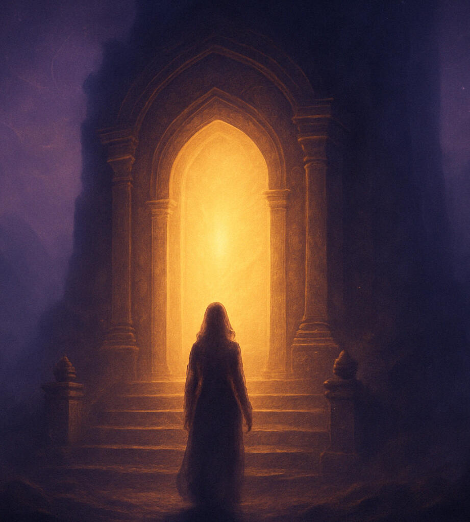 The Alchemical Adventure Mystical golden doorway surrounded by deep purples, representing a journey into sovereignty and personal transformation.